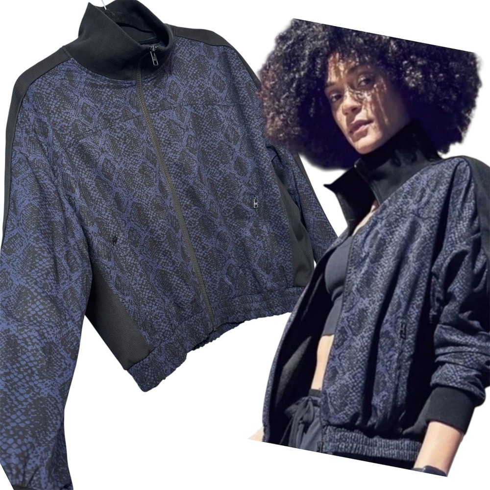 Athleta M Brooklyn Track Bomber Jacket Snakeskin Black Blue Zip Up Athleisure